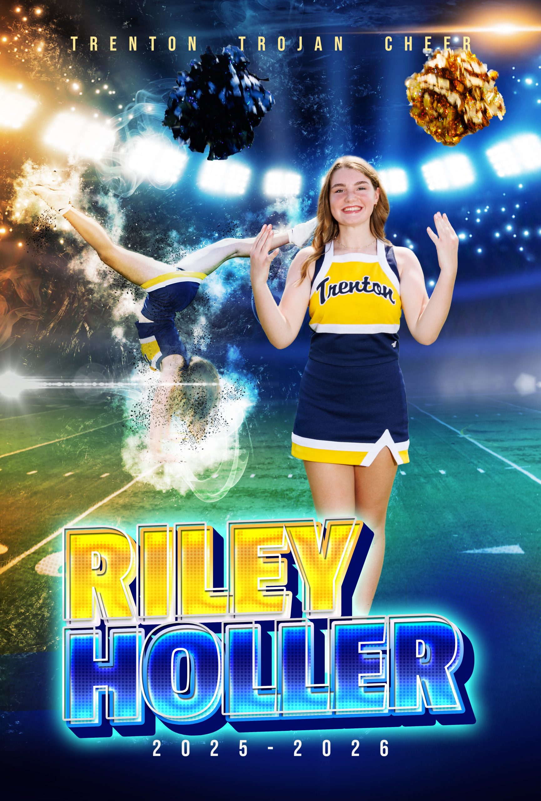 Trenton Trojan Cheer banner featuring Relay Toustig in cheerleading uniform holding a football and pom-poms