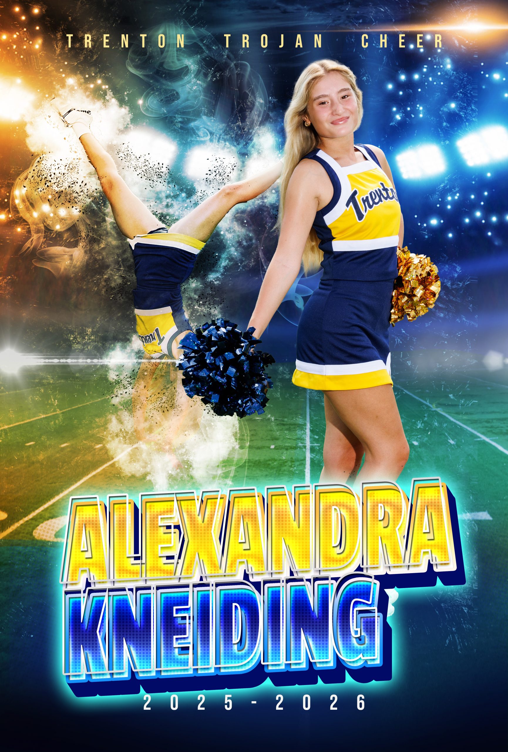 Trenton Trojan Cheer banner featuring Relay Toustig in cheerleading uniform holding a football and pom-poms