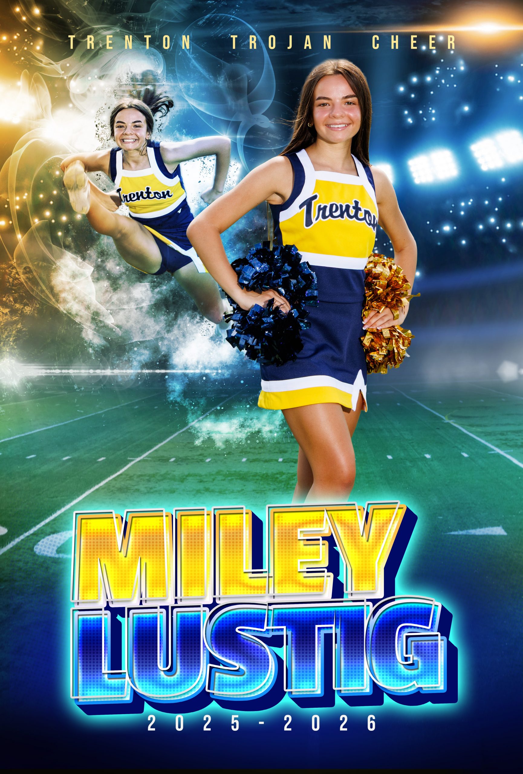 Trenton Trojan Cheer banner featuring Relay Toustig in cheerleading uniform holding a football and pom-poms
