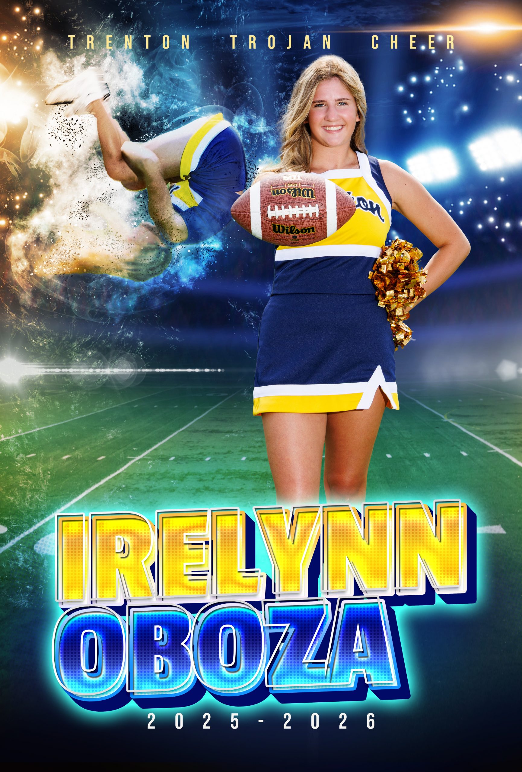 Trenton Trojan Cheer banner featuring Relay Toustig in cheerleading uniform holding a football and pom-poms