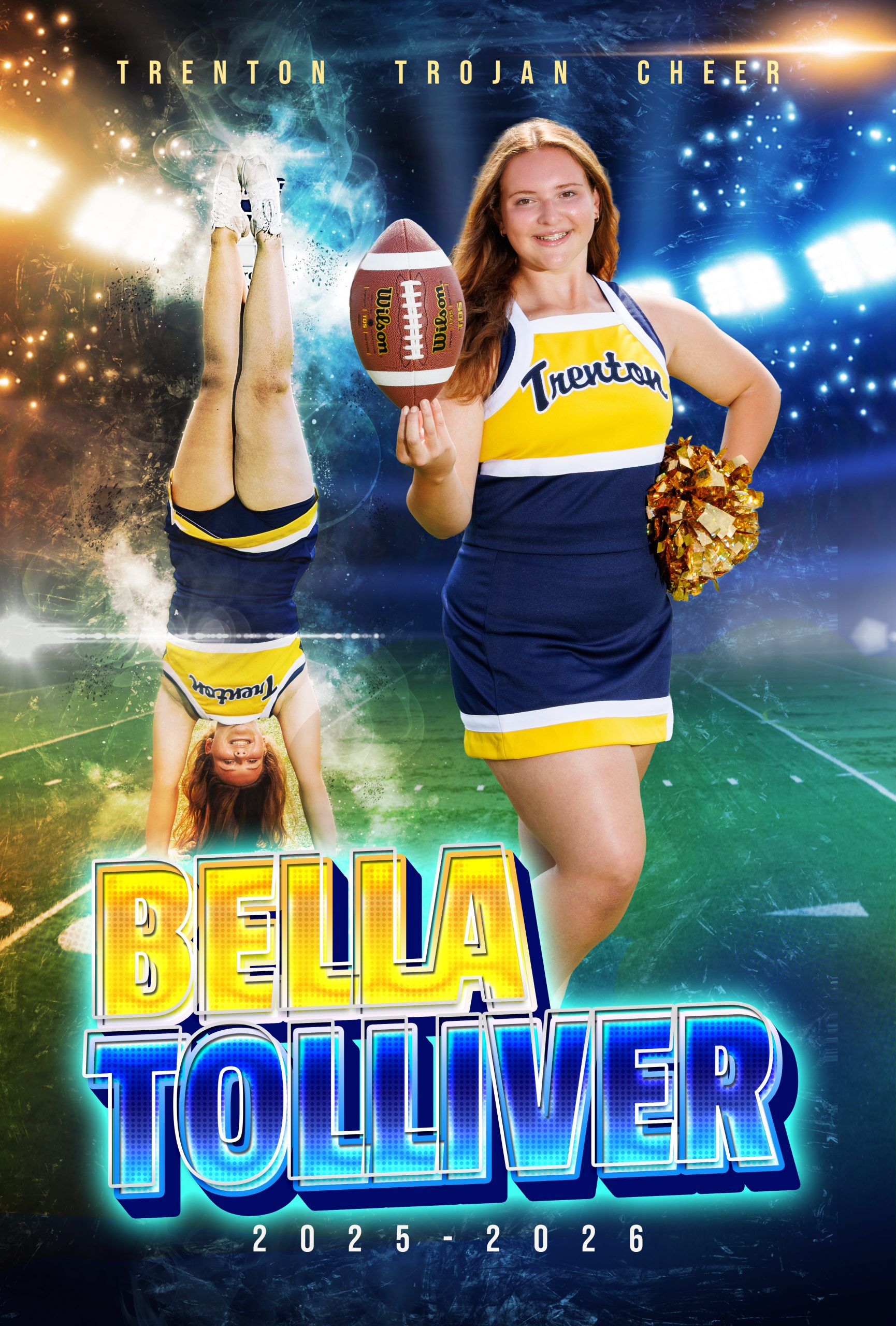 Trenton Trojan Cheer banner featuring Relay Toustig in cheerleading uniform holding a football and pom-poms