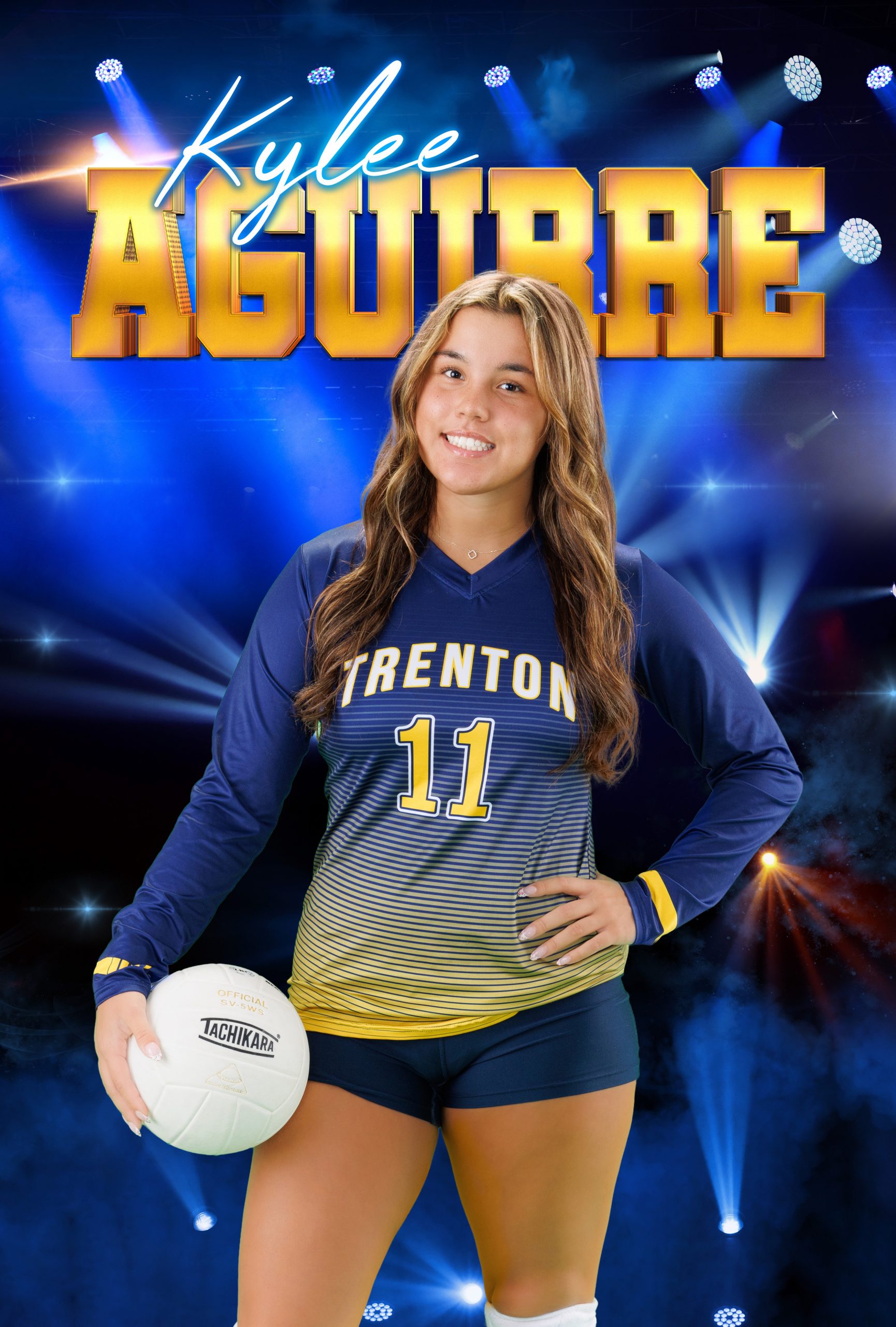 Trenton High School volleyball player Rylian Hyde holds a Tachikara volleyball for sports banner photo shoot