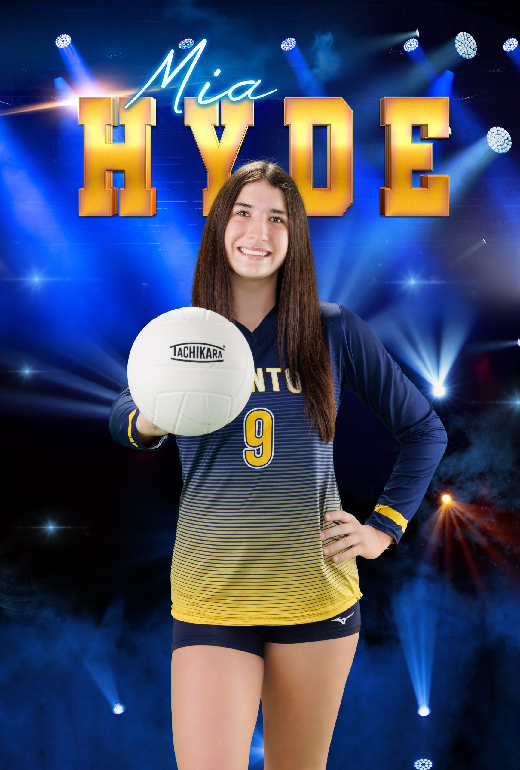 Trenton High School volleyball player Rylian Hyde holds a Tachikara volleyball for sports banner photo shoot