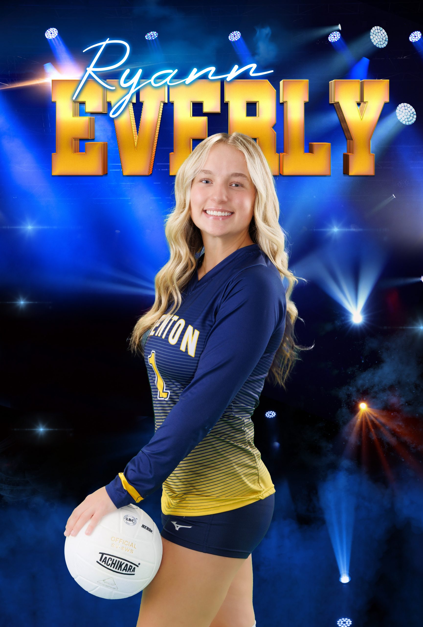 Trenton High School volleyball player Rylian Hyde holds a Tachikara volleyball for sports banner photo shoot