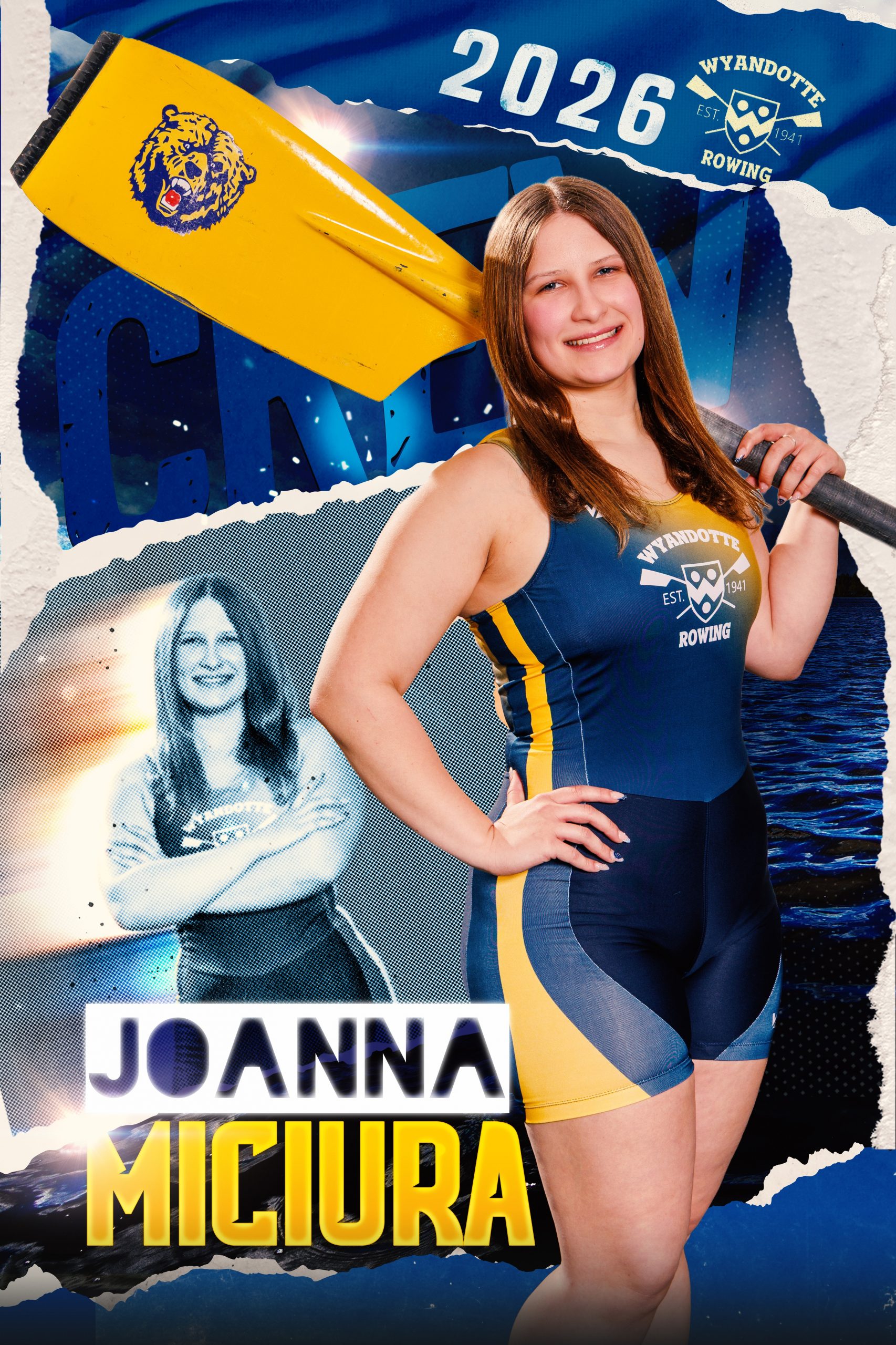 Wyandotte Rowing 2026 sports photography banner displaying athlete in team uniform with oar, featuring 'Quina' name and Downriver logo