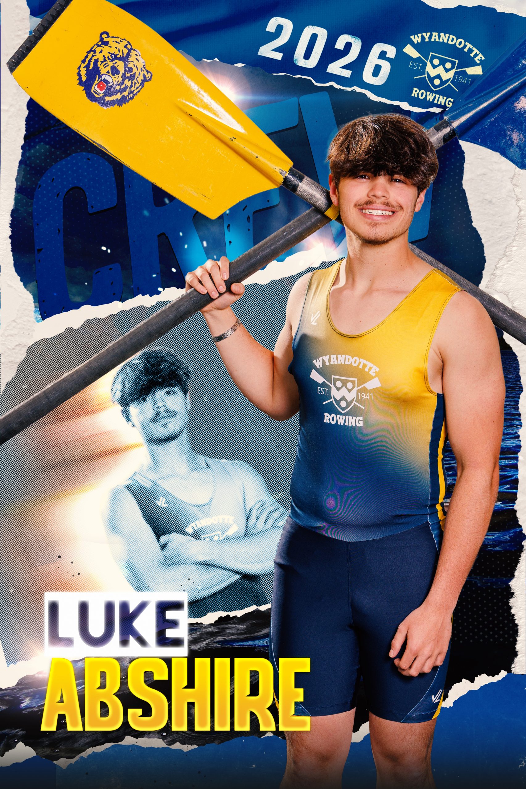 Wyandotte Rowing 2026 sports photography banner displaying athlete in team uniform with oar, featuring 'Quina' name and Downriver logo