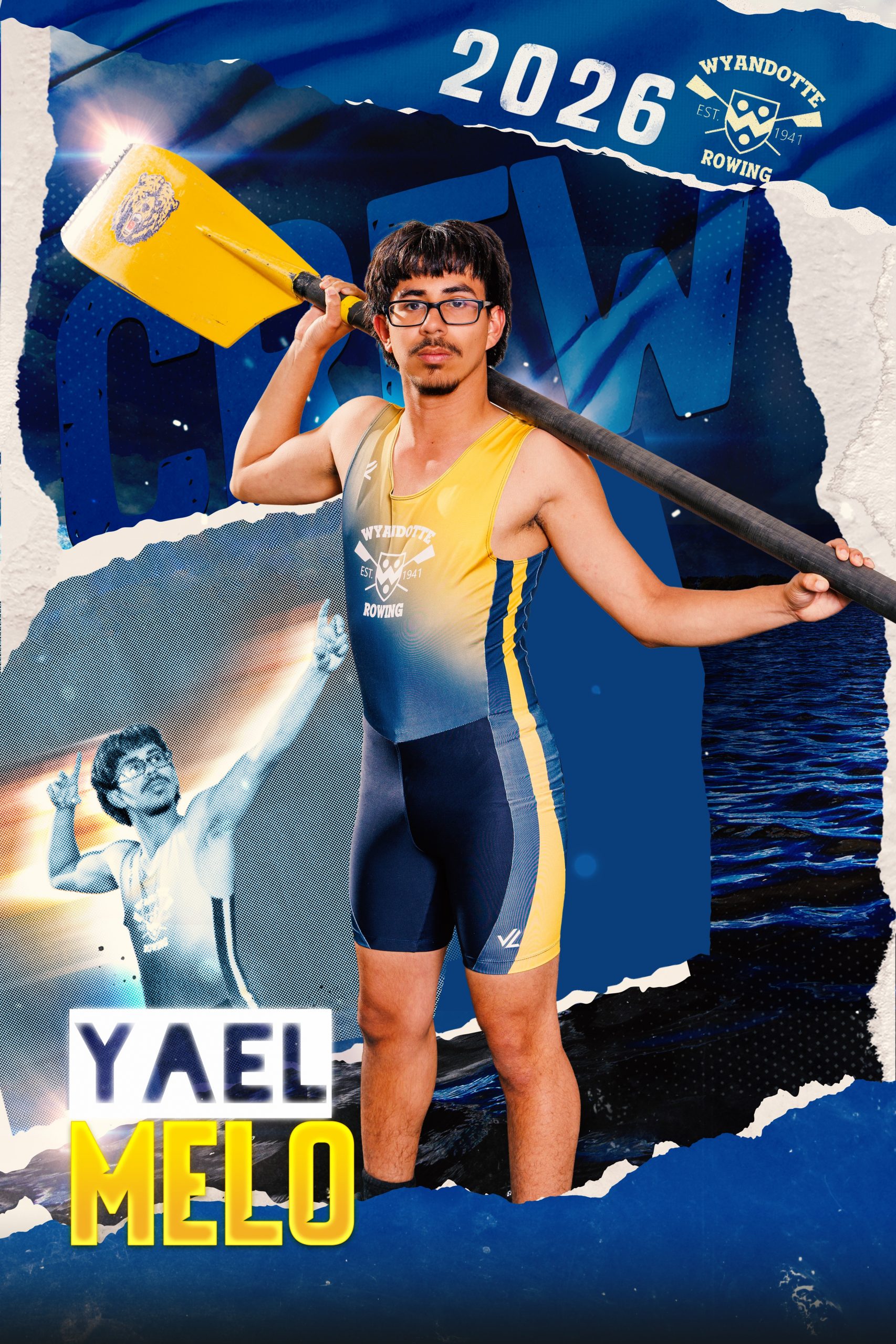Wyandotte Rowing 2026 sports photography banner displaying athlete in team uniform with oar, featuring 'Quina' name and Downriver logo