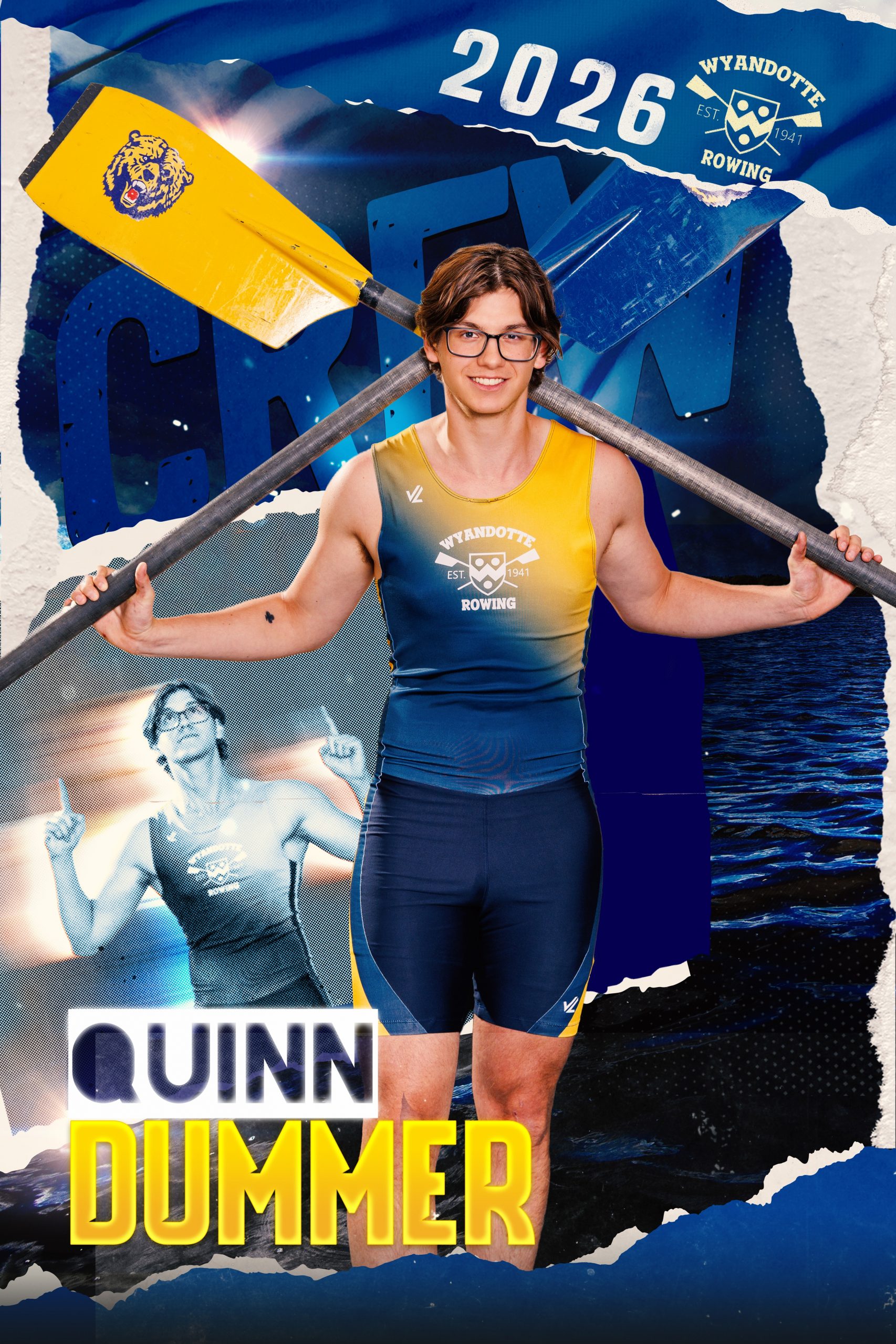 Wyandotte Rowing 2026 sports photography banner displaying athlete in team uniform with oar, featuring 'Quina' name and Downriver logo