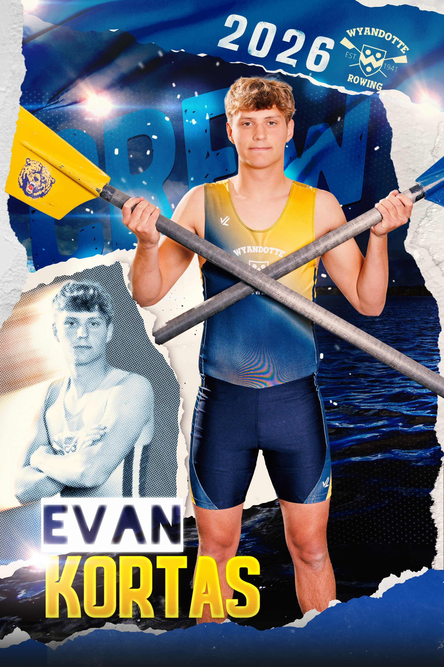 Wyandotte Rowing 2026 sports photography banner displaying athlete in team uniform with oar, featuring 'Quina' name and Downriver logo