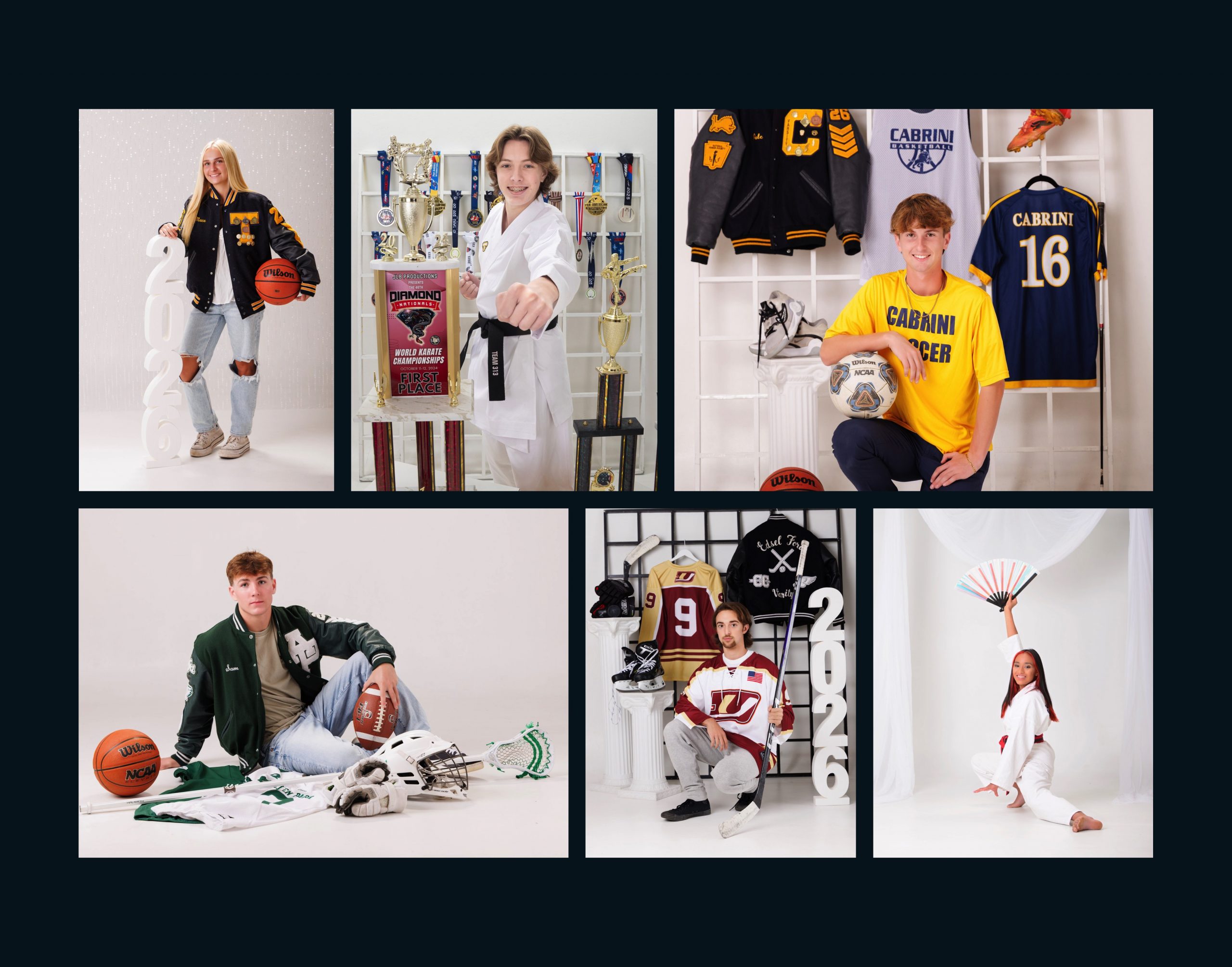 Student with guitar and sports memorabilia in Downriver school photography session