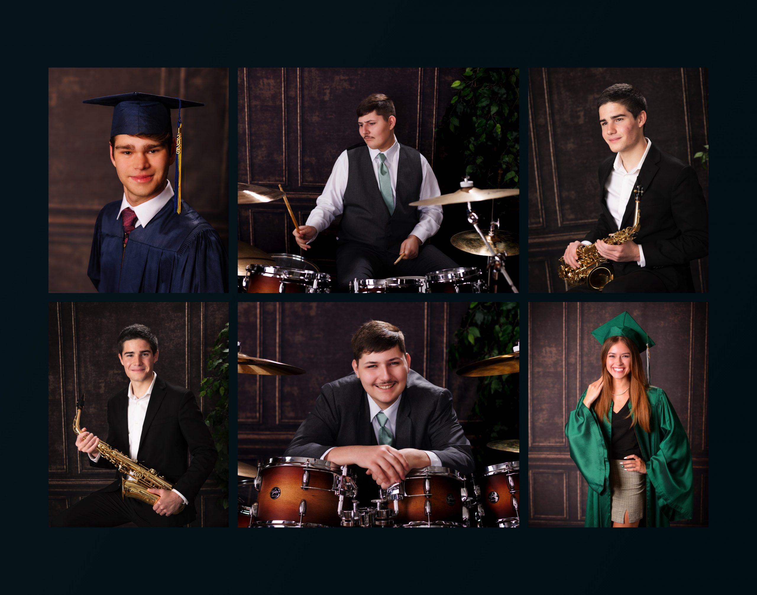 Senior student in green graduation gown holding cap during Downriver photography session